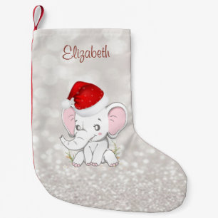 Baby Elephant With Santa Hat ,Glittery Bokeh Small Christmas Stocking