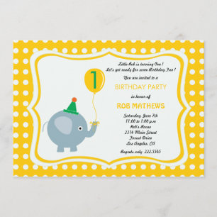 Baby elephant with  yellow polka dot background invitation