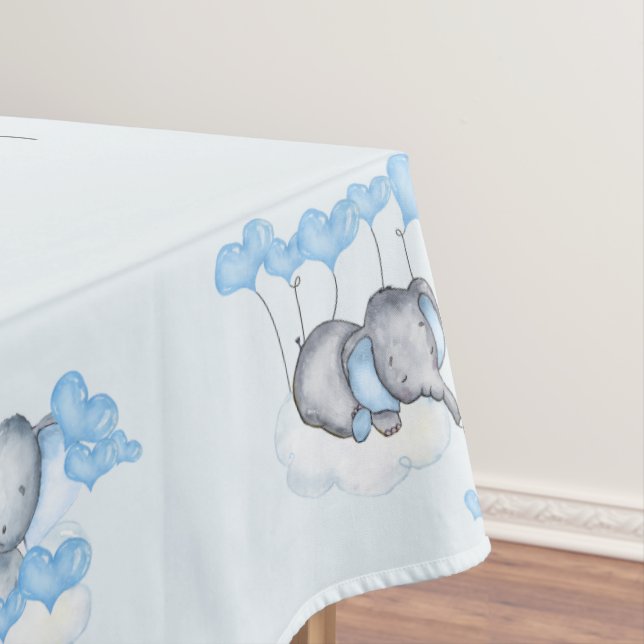 Baby Elephants and Blue Love Heart Balloons Custom Tablecloth (In Situ)