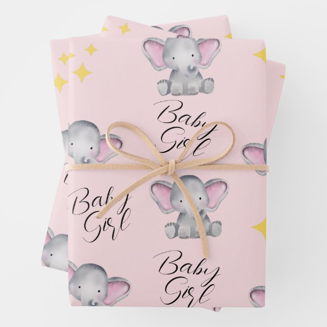 Baby elephants baby girl shower wrapping paper sheet (In situ)