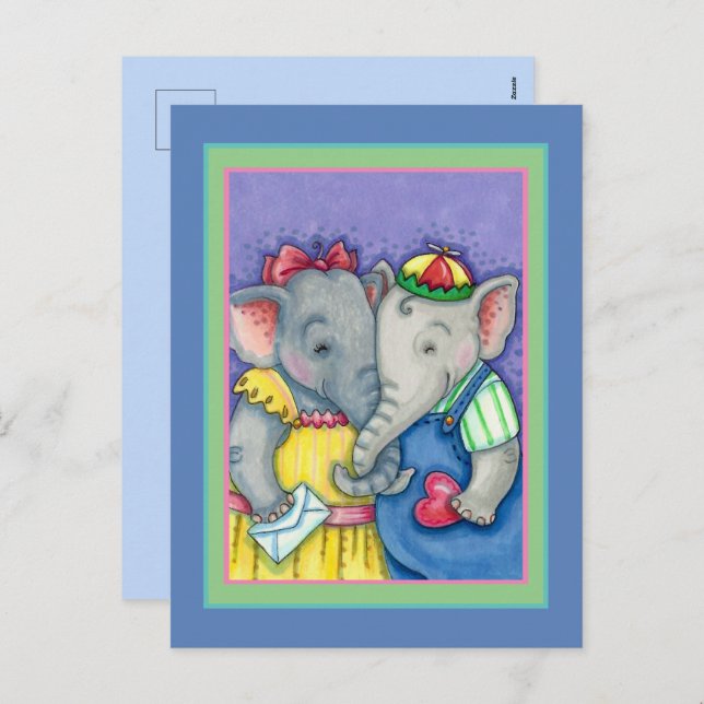 BABY ELEPHANTS FIRST LOVE, CUTE PACHYDERM FRIENDS HOLIDAY POSTCARD (Front/Back)