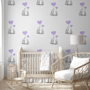 Baby Elephants & Purple Heart Balloons Design Wallpaper