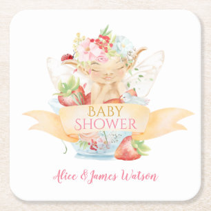 Baby Fairy Delicate Girly Baby Shower  Square Paper Coaster