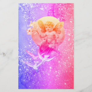 BABY FAIRY,DOVES,BLUE PURPLE PINK SPARKLES,Fantasy Stationery