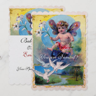 BABY FAIRY FLYING WITH DOVES INVITATION