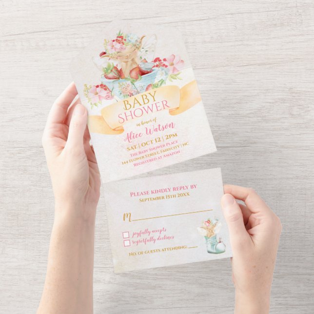 Baby Fairy in a Cup of Strawberry Baby Shower All In One Invitation (Tearaway)