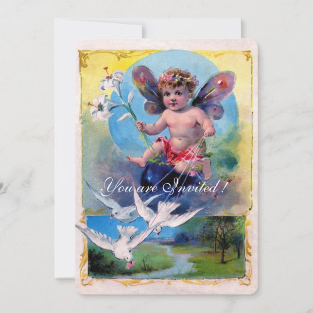 BABY FAIRY WITH DOVES Champagne Metallic Invitation (Front)