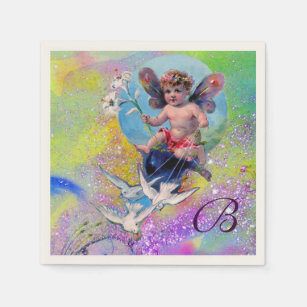 BABY FAIRY WITH DOVES IN PURPLE GREEN  SPARKLES NAPKIN