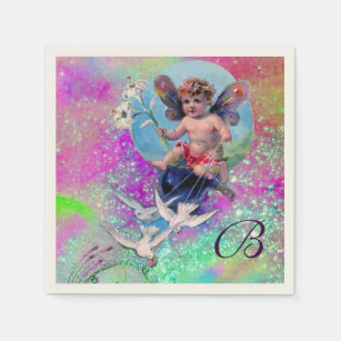 BABY FAIRY WITH DOVES IN PURPLE TEAL SPARKLES NAPKIN