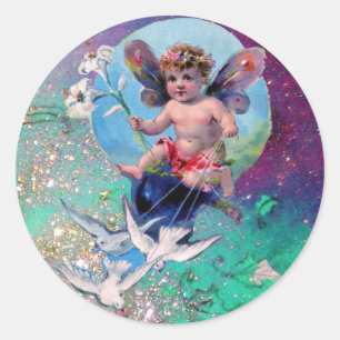 BABY FAIRY WITH DOVES IN SPARKLES blue green Classic Round Sticker