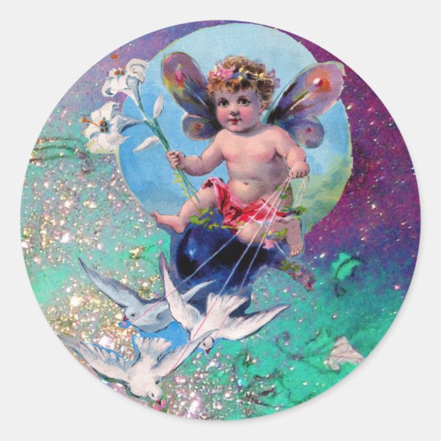 BABY FAIRY WITH DOVES IN SPARKLES blue green Classic Round Sticker (Front)
