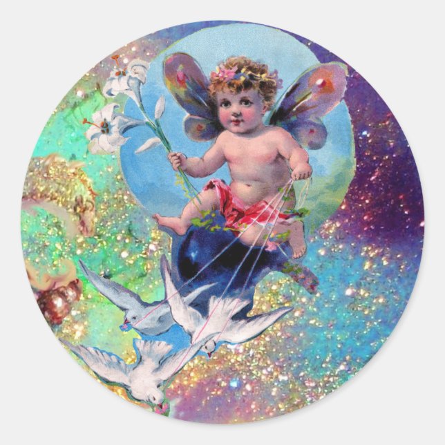 BABY FAIRY WITH DOVES IN SPARKLES blue green Classic Round Sticker (Front)