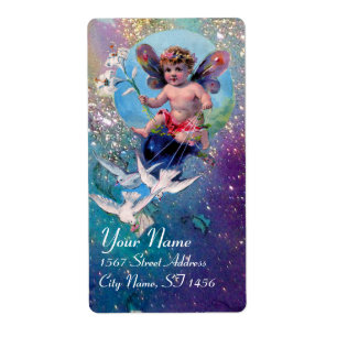 BABY FAIRY WITH DOVES IN SPARKLES blue green gold