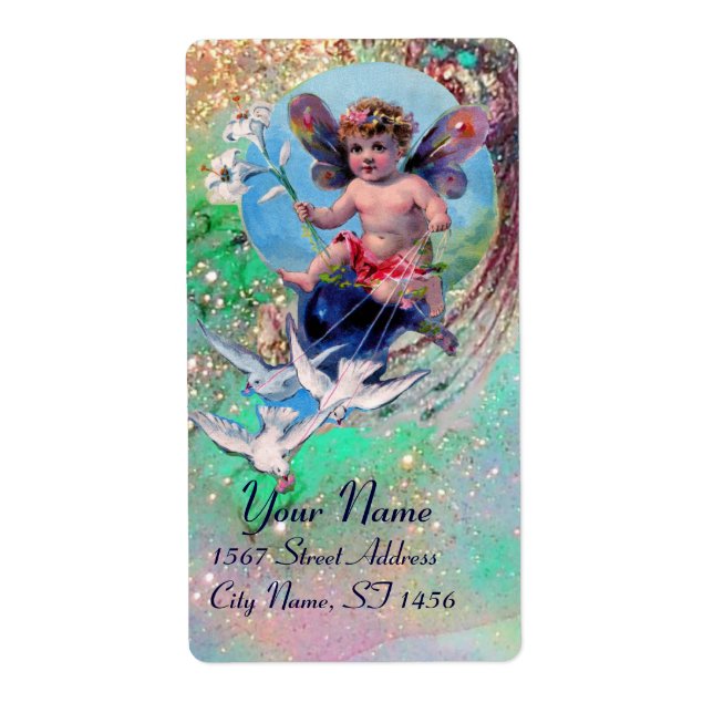 BABY FAIRY WITH DOVES IN SPARKLES blue green gold (Front)
