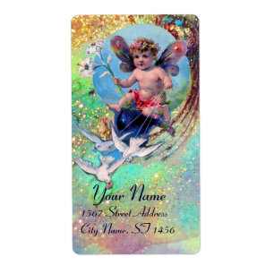 BABY FAIRY WITH DOVES IN SPARKLES blue green gold