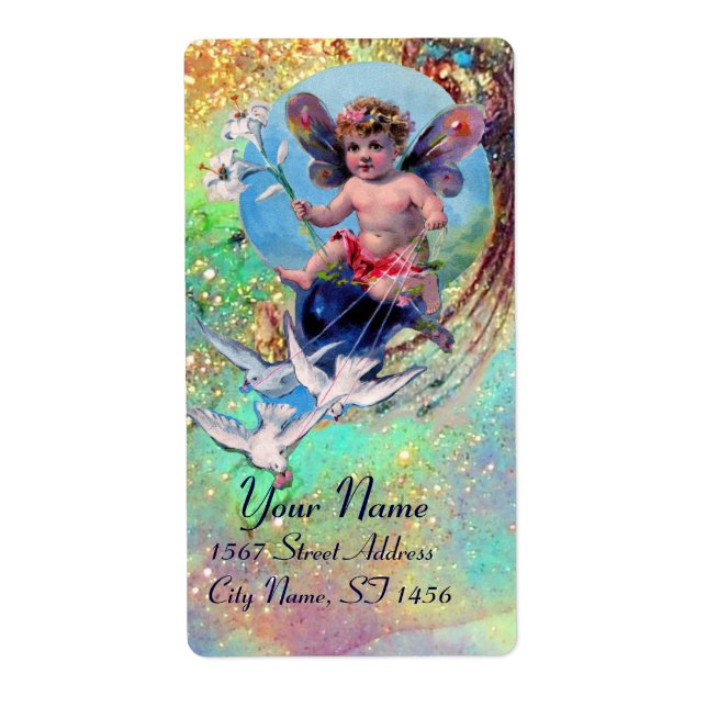 BABY FAIRY WITH DOVES IN SPARKLES blue green gold (Front)