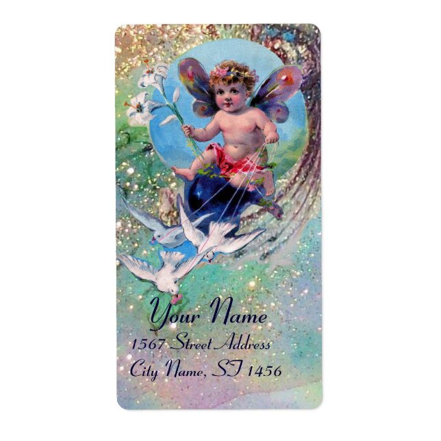 BABY FAIRY WITH DOVES IN SPARKLES blue green gold (Front)