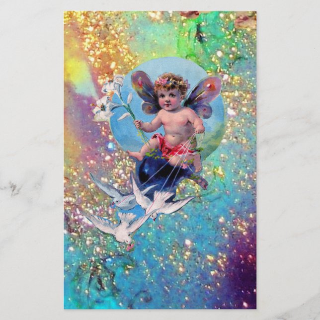 BABY FAIRY WITH DOVES IN SPARKLES ,blue green gold Stationery (Front)