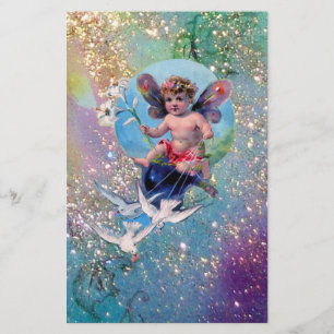 BABY FAIRY WITH DOVES IN SPARKLES blue green gold Stationery