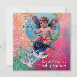 BABY FAIRY WITH DOVES IN SPARKLES Champagne Invitation