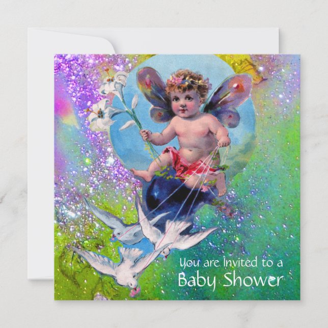BABY FAIRY WITH DOVES IN SPARKLES Champagne Yellow Invitation (Front)