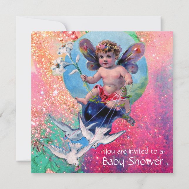 BABY FAIRY WITH DOVES IN SPARKLES Gold Metallic Invitation (Front)