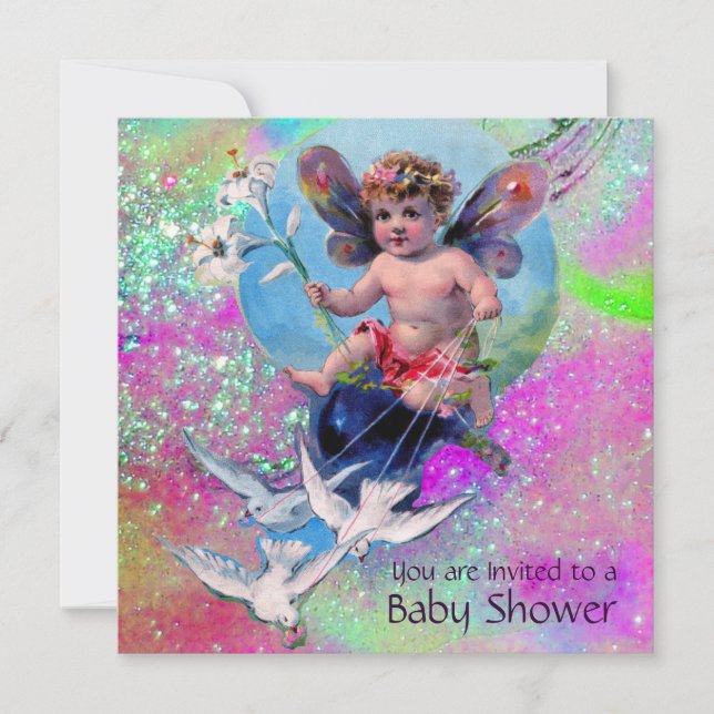BABY FAIRY WITH DOVES IN SPARKLES Gold Pink Invitation (Front)