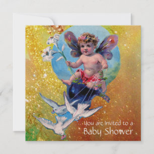 BABY FAIRY WITH DOVES IN SPARKLES Gold Yellow Invitation