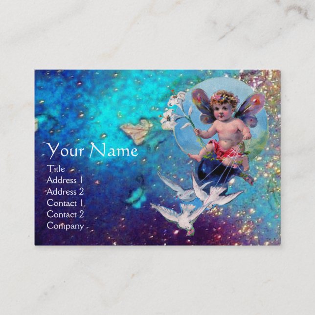 BABY FAIRY WITH DOVES IN SPARKLES green pearl Business Card (Front)