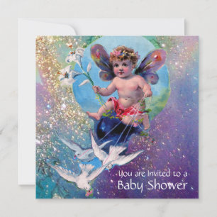 BABY FAIRY WITH DOVES IN SPARKLES Pearl Shimmer Invitation