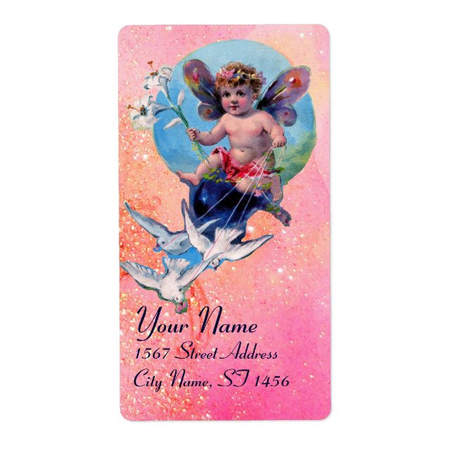 BABY FAIRY WITH DOVES IN SPARKLES ,pink blue (Front)