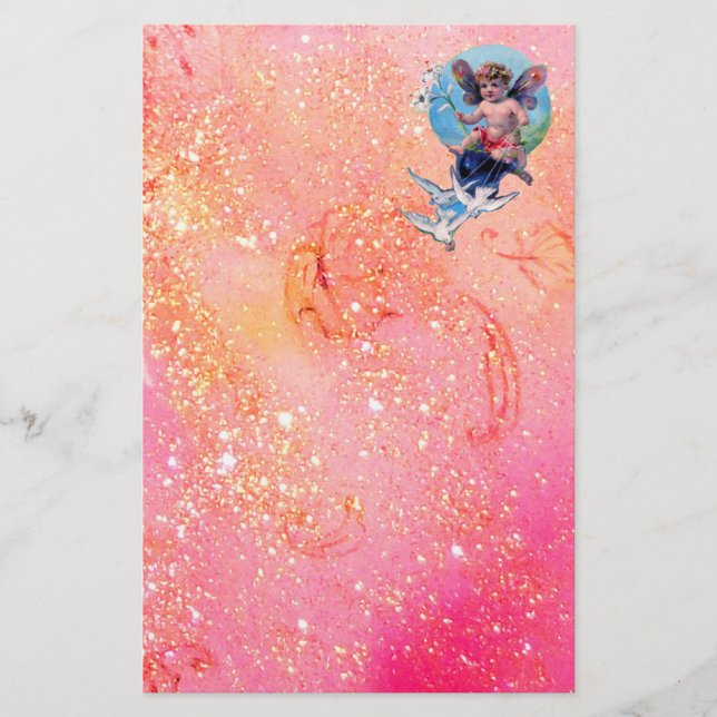 BABY FAIRY WITH DOVES IN SPARKLES ,pink gold Stationery (Front)