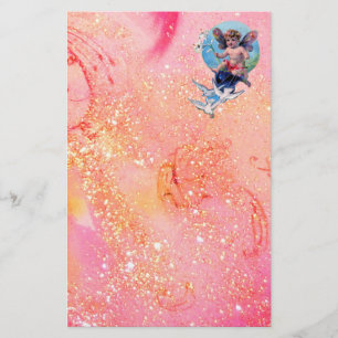 BABY FAIRY WITH DOVES IN SPARKLES ,pink gold Stationery