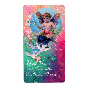BABY FAIRY WITH DOVES IN SPARKLES ,pink green