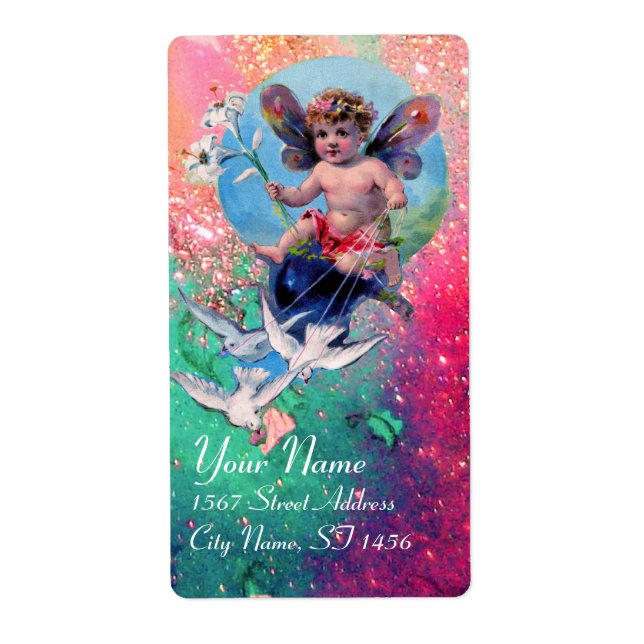 BABY FAIRY WITH DOVES IN SPARKLES ,pink green (Front)