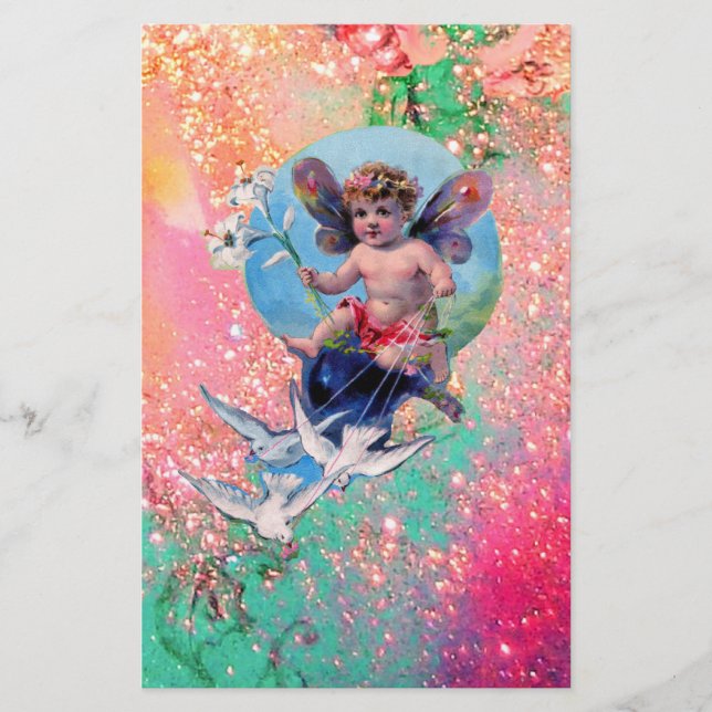 BABY FAIRY WITH DOVES IN SPARKLES  pink green gold Stationery (Front)