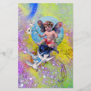 BABY FAIRY WITH DOVES IN SPARKLES purple green Stationery
