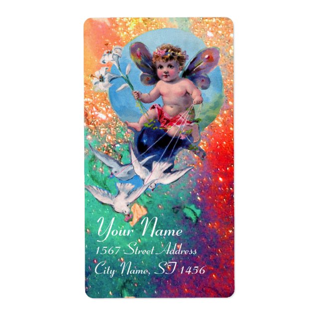 BABY FAIRY WITH DOVES IN SPARKLES red ,pink green (Front)