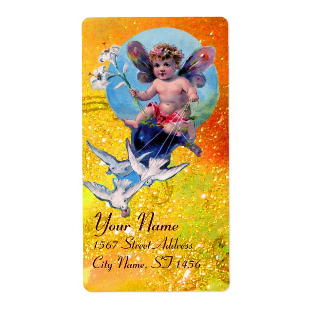 BABY FAIRY WITH DOVES IN SPARKLES red yellow (Front)