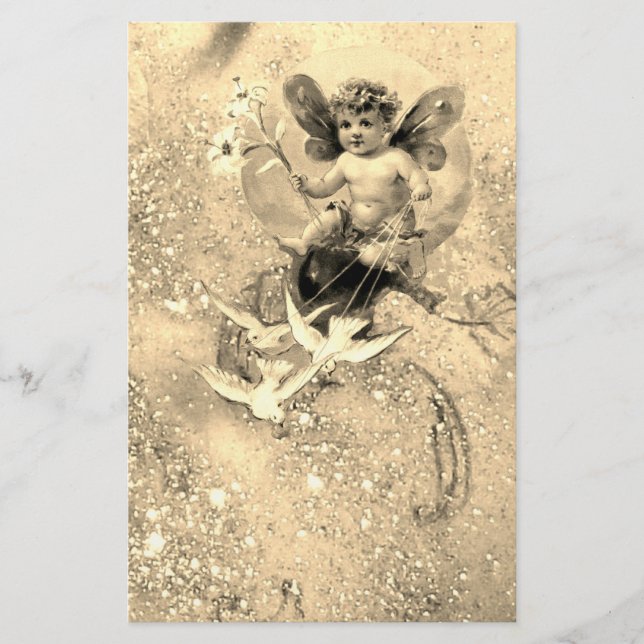 BABY FAIRY WITH DOVES IN SPARKLES Sepia Stationery (Front)