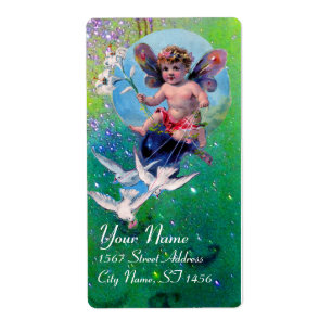 BABY FAIRY WITH DOVES IN SPARKLES violet green