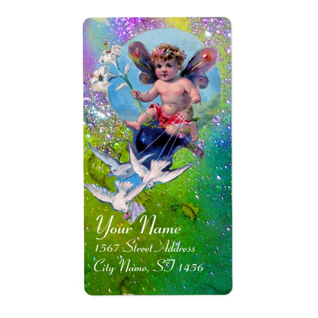 BABY FAIRY WITH DOVES IN SPARKLES violet green (Front)