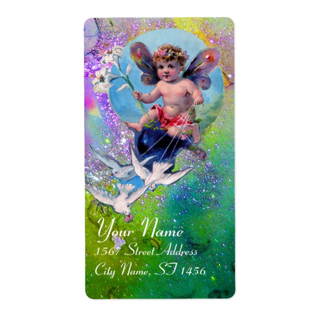 BABY FAIRY WITH DOVES IN SPARKLES violet green (Front)