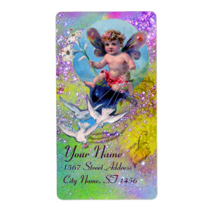 BABY FAIRY WITH DOVES IN SPARKLES violet green