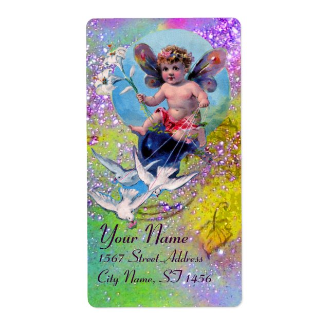 BABY FAIRY WITH DOVES IN SPARKLES violet green (Front)