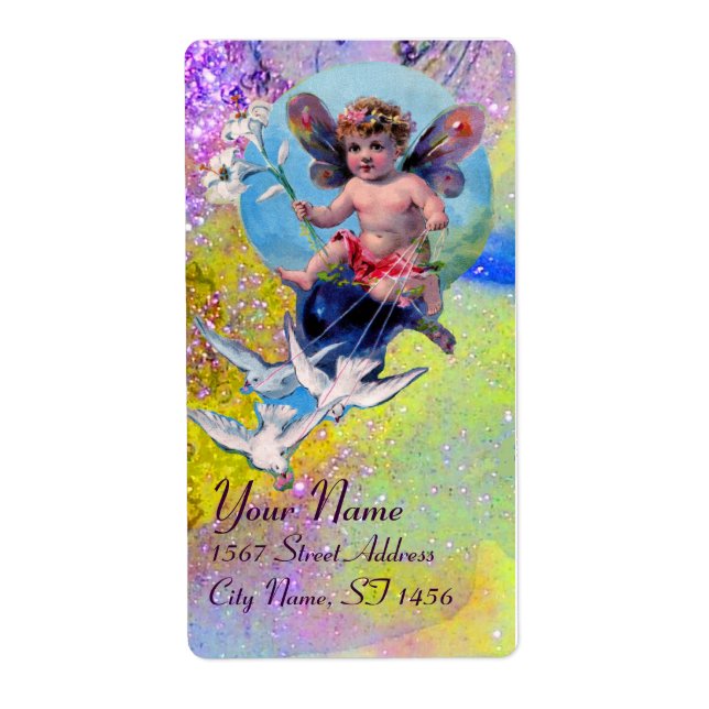 BABY FAIRY WITH DOVES IN SPARKLES violet yellow (Front)
