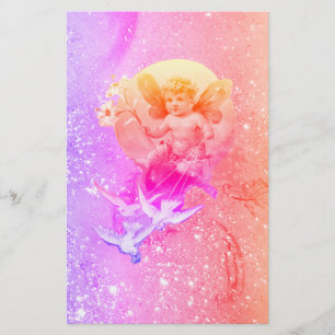 BABY FAIRY WITH DOVES PURPLE PINK SPARKLES Fantasy Stationery