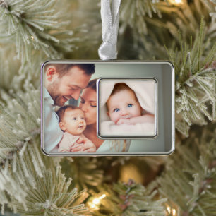 Baby Family First Christmas Photo Personalise Silver Plated Framed Ornament