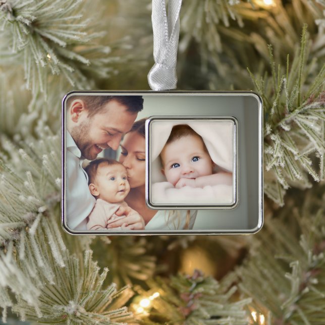 Baby Family First Christmas Photo Personalise Silver Plated Framed Ornament (Tree)