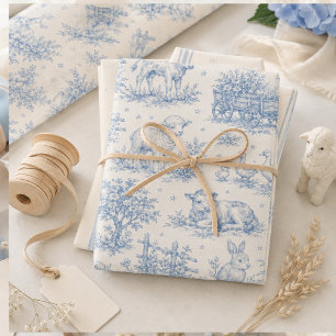 Baby Farm Animals Blue Toile Wrapping Paper